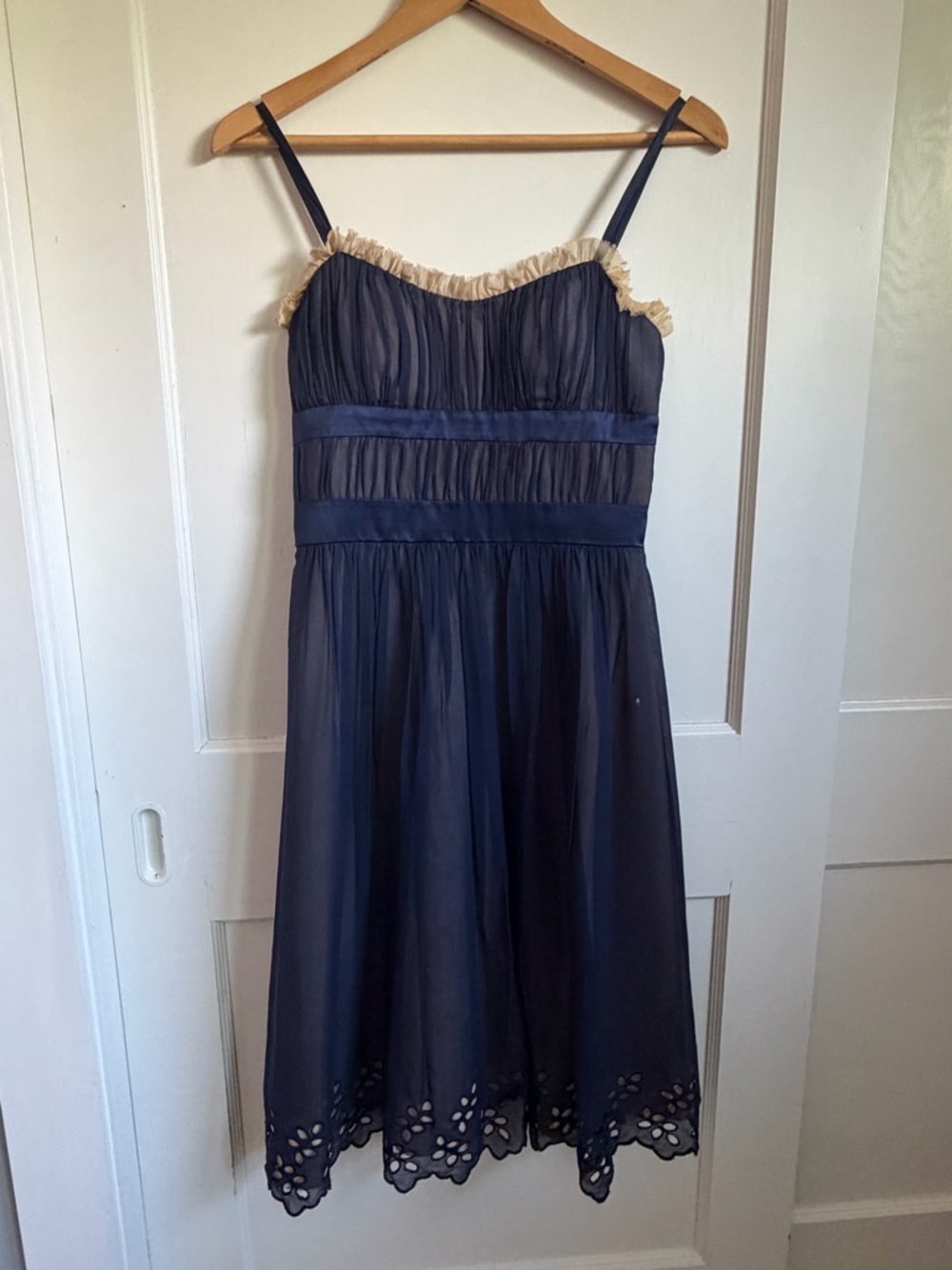BCBG Navy Dress with Cream Ruffle Trim - 2